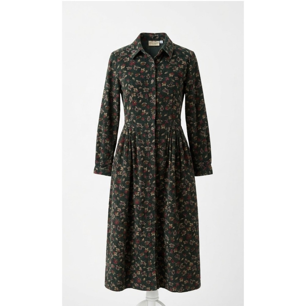 Vntg Susan Bristol Corduroy Floral Maxi Dress Pinwale Size 12 Cottagecore Leaf